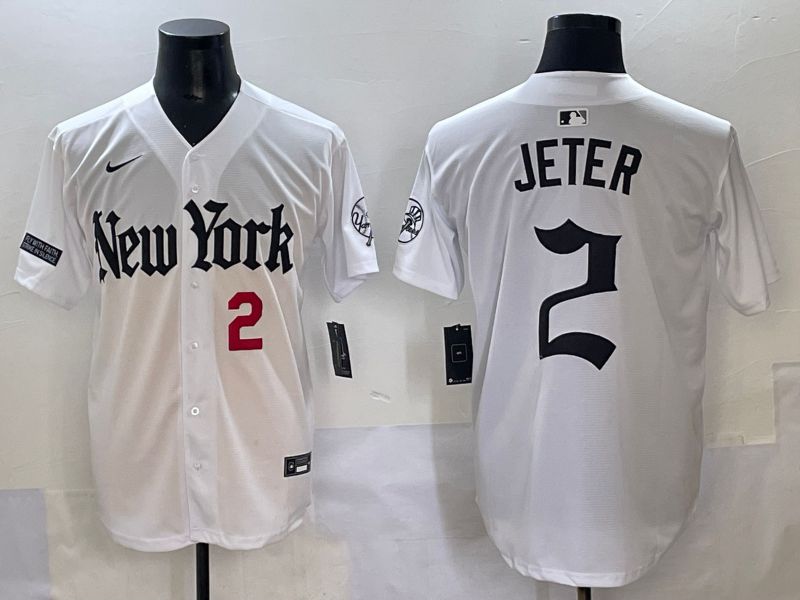Men 2025 New York Yankees #2 Jeter White Five generations Joint Name Nike MLB Jersey style 3